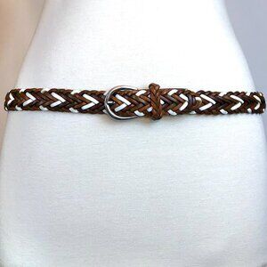 Vintage 80's Copper Key Braided Leather Belt Size M/28 Tan Brown White Boho